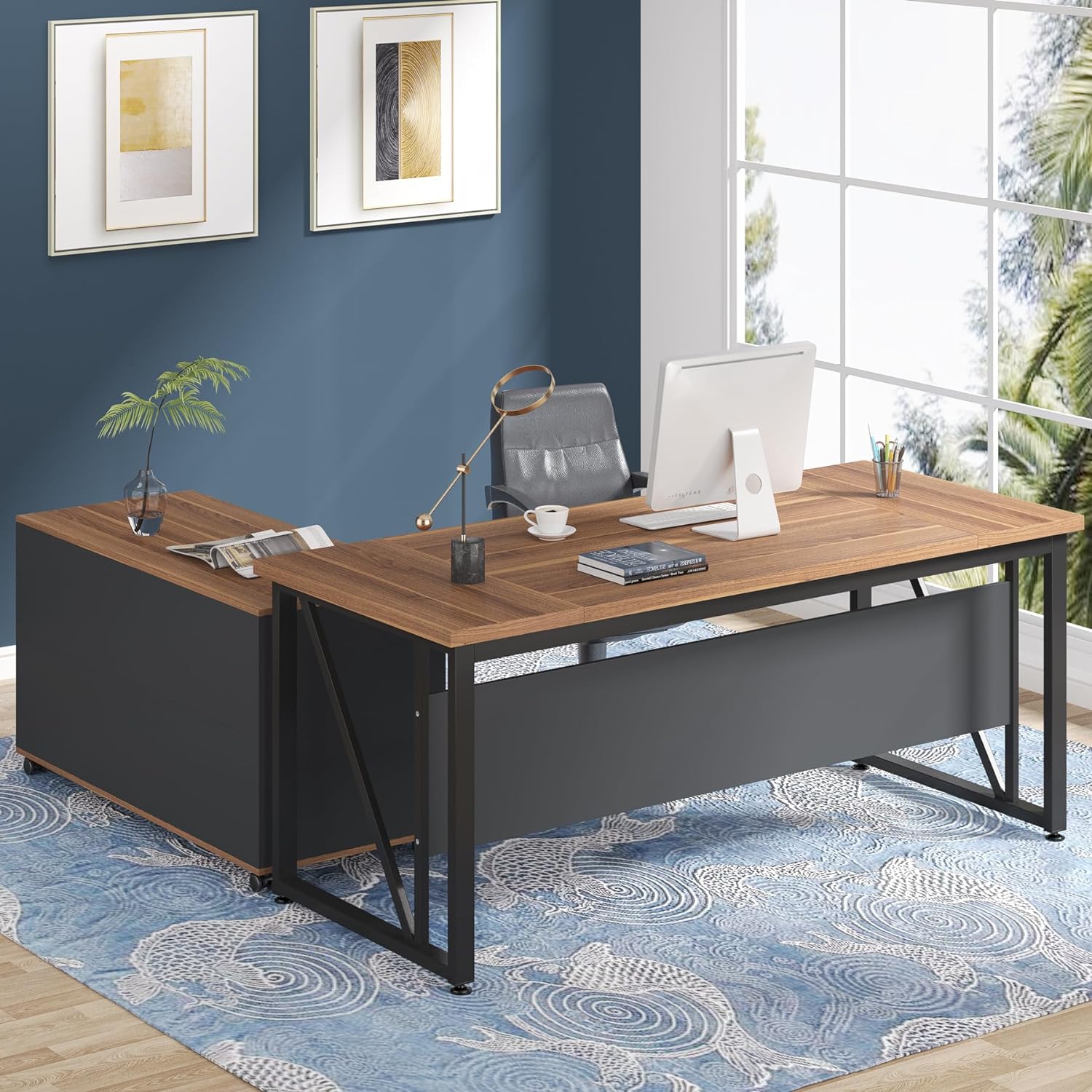 L-Shaped Computer Desk, 55" / 63" Executive Desk and Mobile File Cabinet Tribesigns